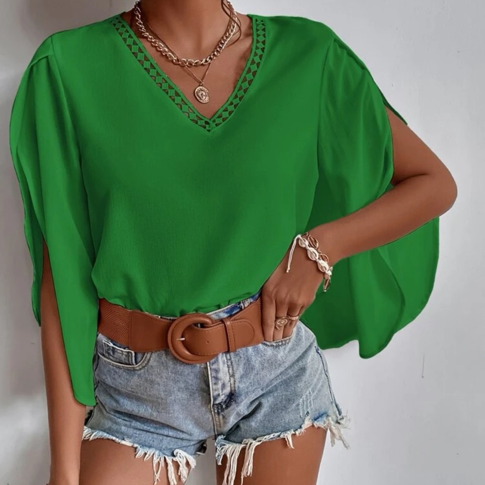 Beautiful woman lace insert split sleeve blouse